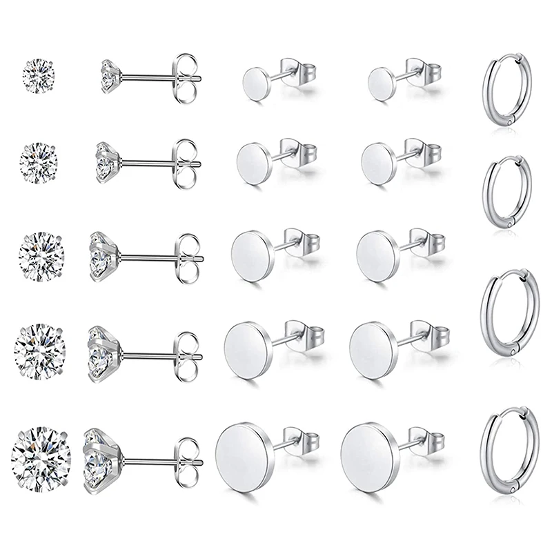 

12 Pairs Stainless Steel Stud Earrings Cubic Zirconia Earrings Set Silver Stud Earring Hypoallergenic Hoop Earring for Women Men