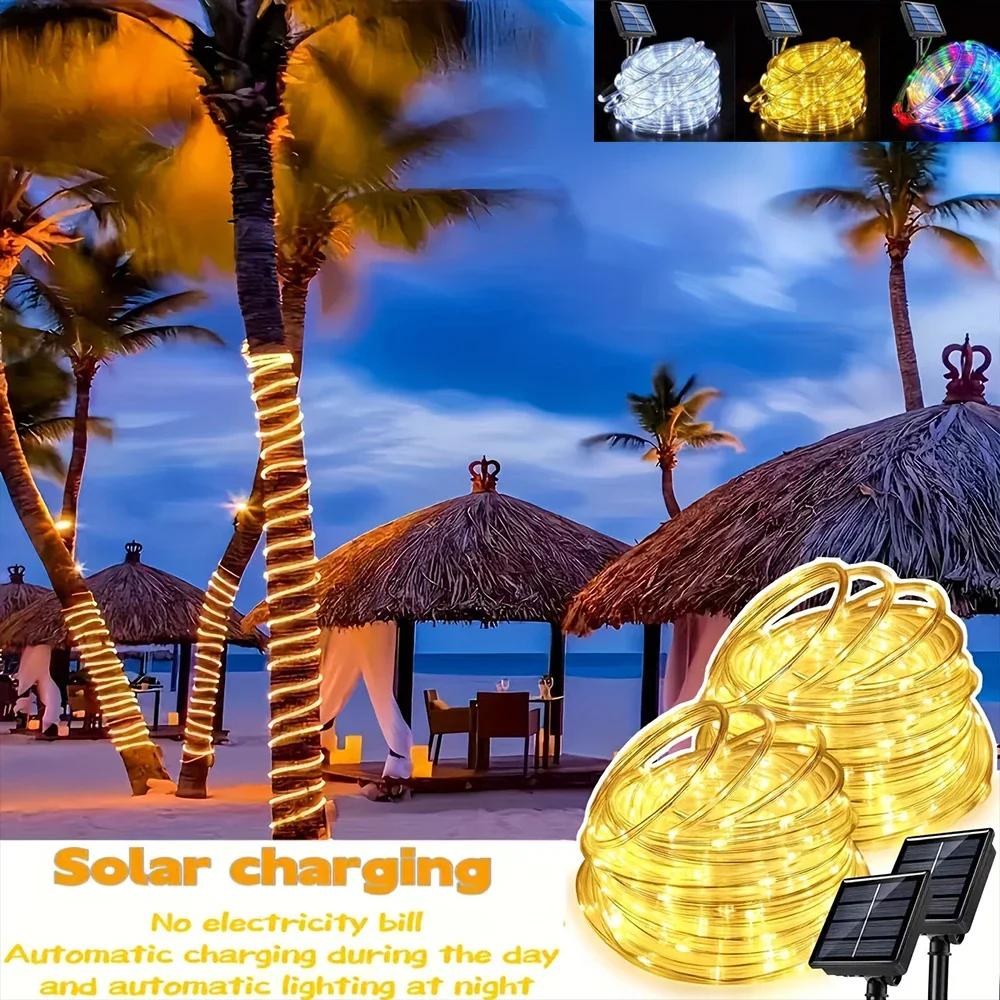 12m/7m Solar Tube Light Garden Light String Outdoor 8 Modes Rope Lights Wedding Swimming Pool Roof Festive Home Party Decoration