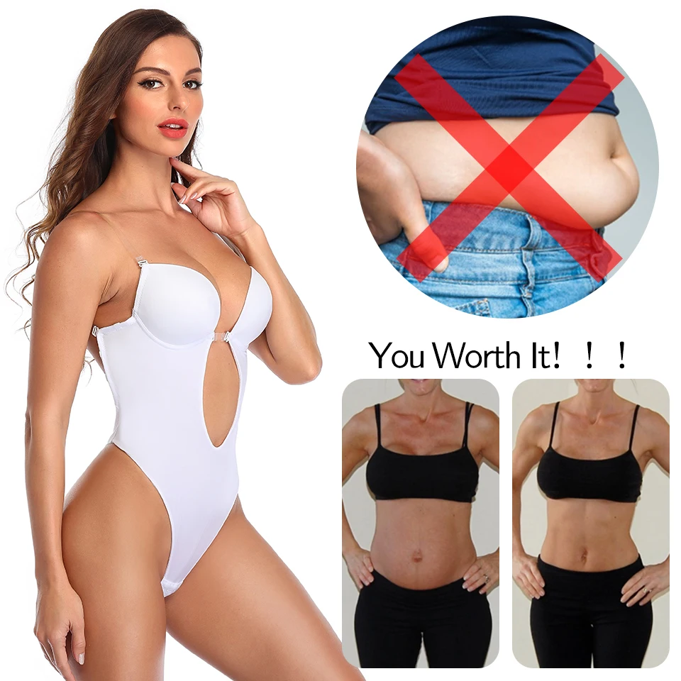 Women Shapewear Bodysuit Deep V-Neck Body Shaper Padded Bra Backless U Plunge Thong Shaper Waist Trainer Push Up Party Underwear