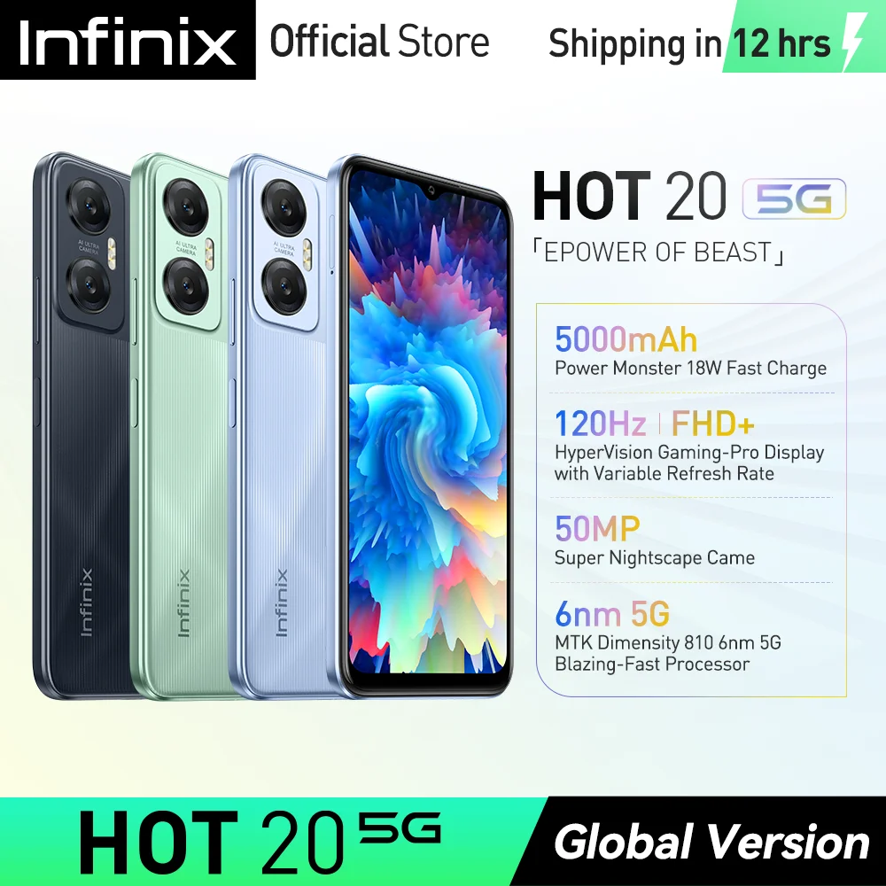  *World Premiere* infinix Hot 20 5G NFC 4/128GB Smartphone Dimensity 810 6nm 5G Processor 6.6" 120Hz FHD+ Display 50MP 18W Mobile Phone