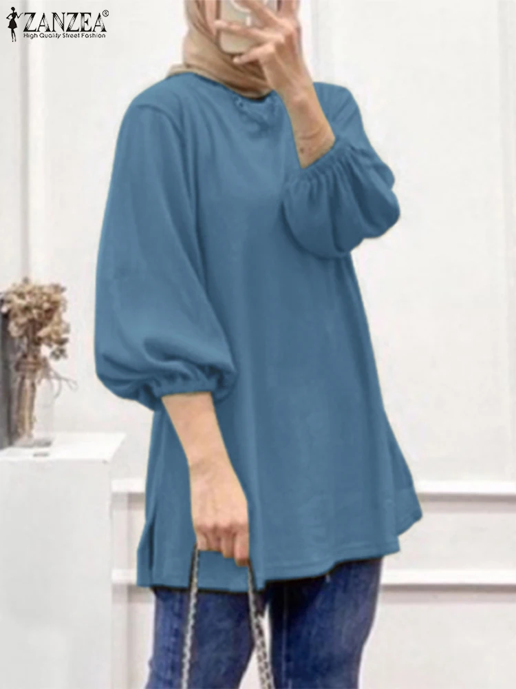 

2023 ZANZEA Women Vintage O Neck Casual Loose Shirt Female Solid Muslim Tops Islamic Clothing Fashion 3/4 Lantern Sleeve Blouse