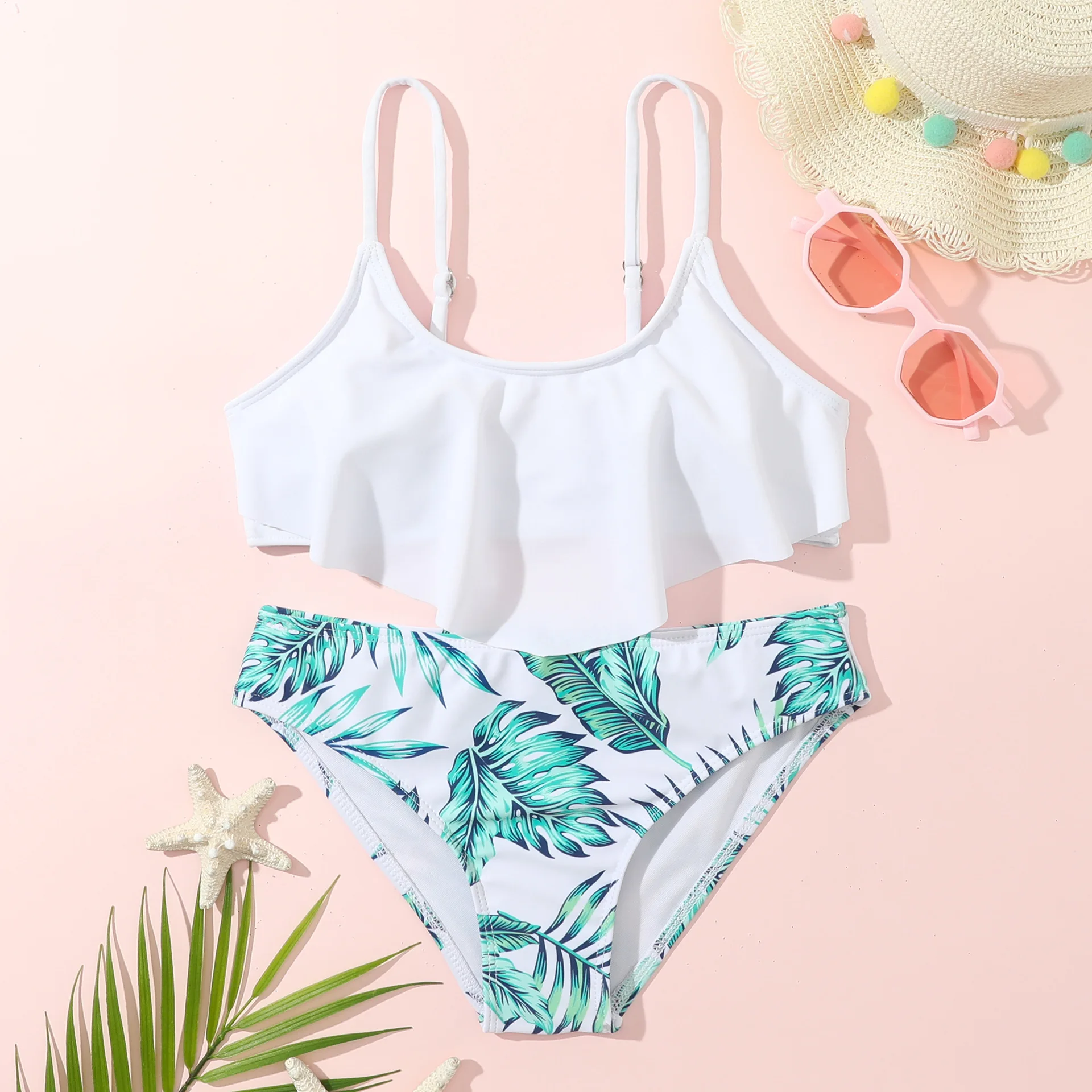 Girls Ruffle Bikini Two Pieces Swimsuit for Kids Print Children's Swimwear 7-12 Years Teenager Bathing Suit Girl Beach Wear