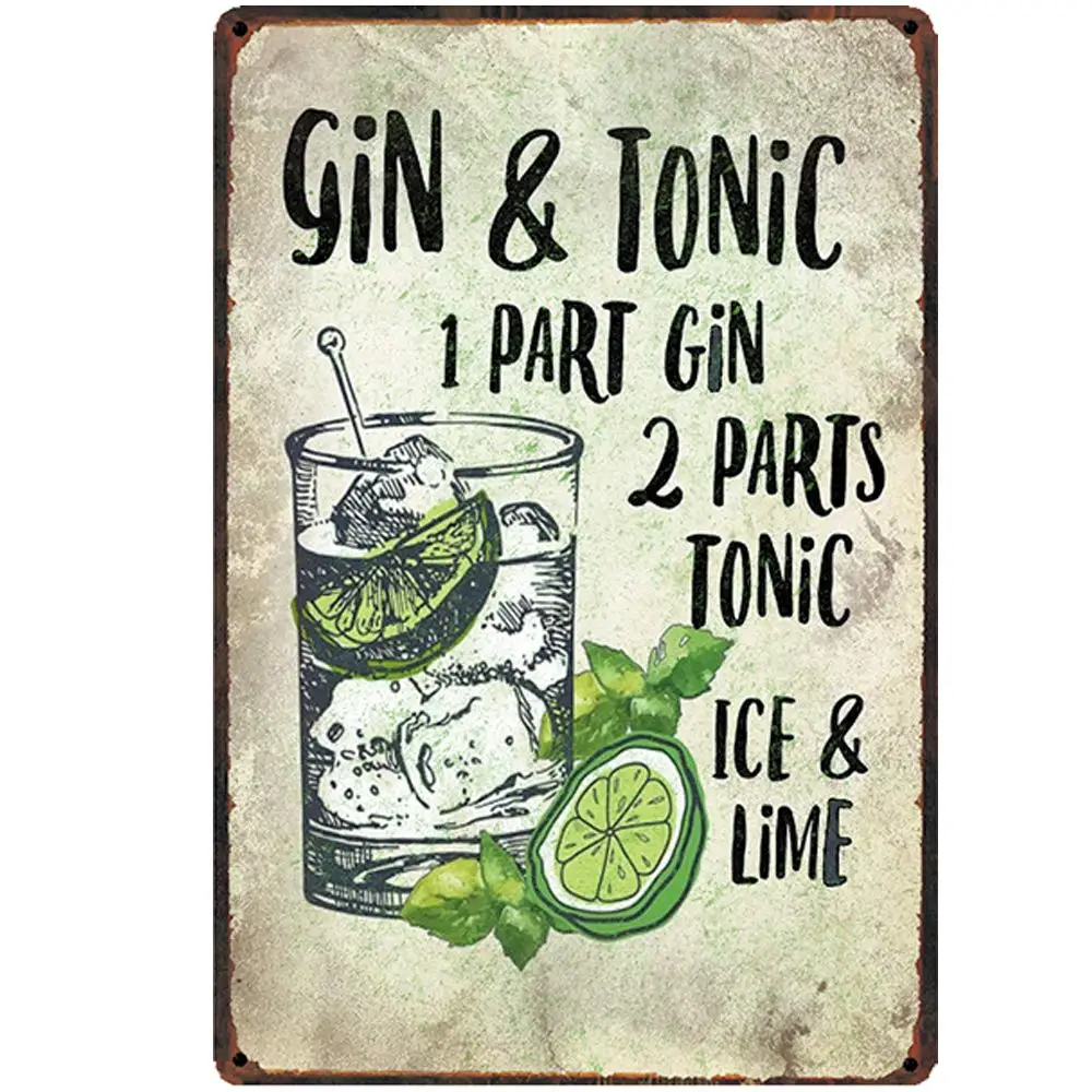Retro Design Classic Cocktail Ricetta Gin & Tonic Tin Metal Signs Wall Art |