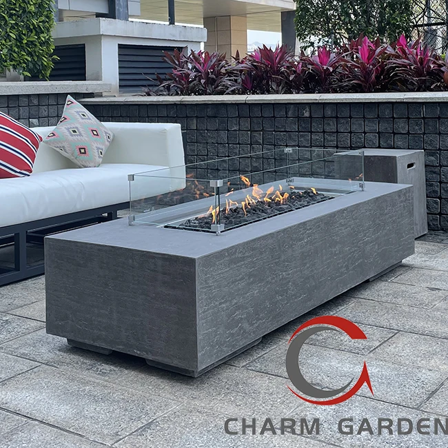 GFRC GFR Concrete Fireplace Patio Outdoor Propane Fire Pit Table Rectangle Table With Fire