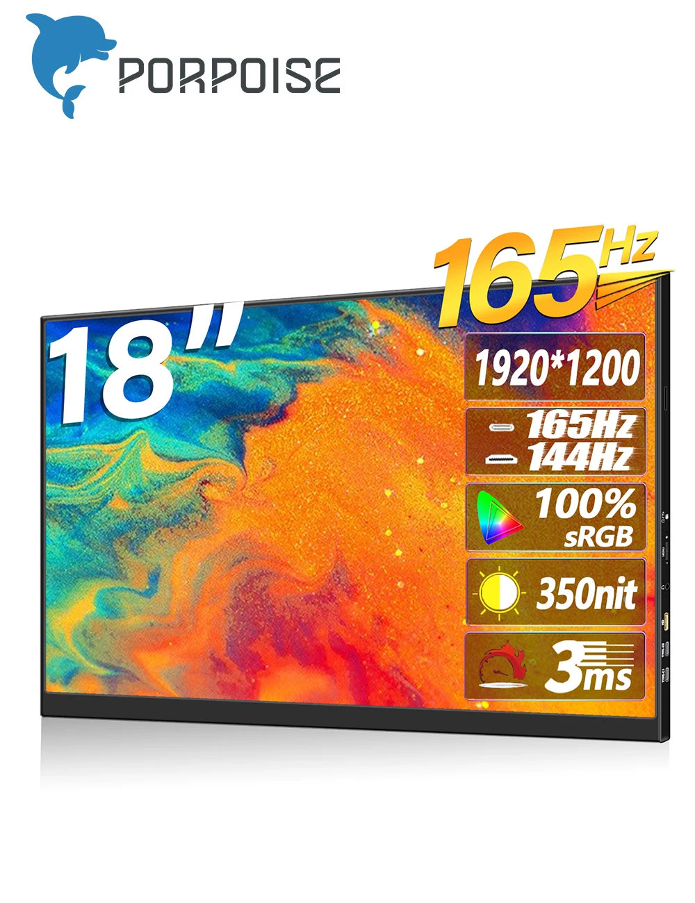 PORPOISE 18 дюймов портативный монитор IPS 165 Гц экран игровой Расширенный дисплей с динамиком поддержка типа C HDMI для ноутбука/переключателя/xbox