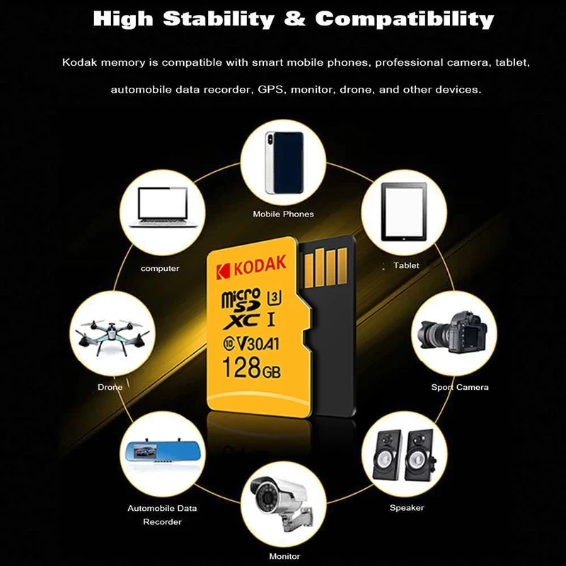 KODAK-޸ ī, 32GB 64GB 128GB 256GB ũ SD ī A1 C10 U3 V30 100mb, s  SD   ̴ TF ī Ʈ 