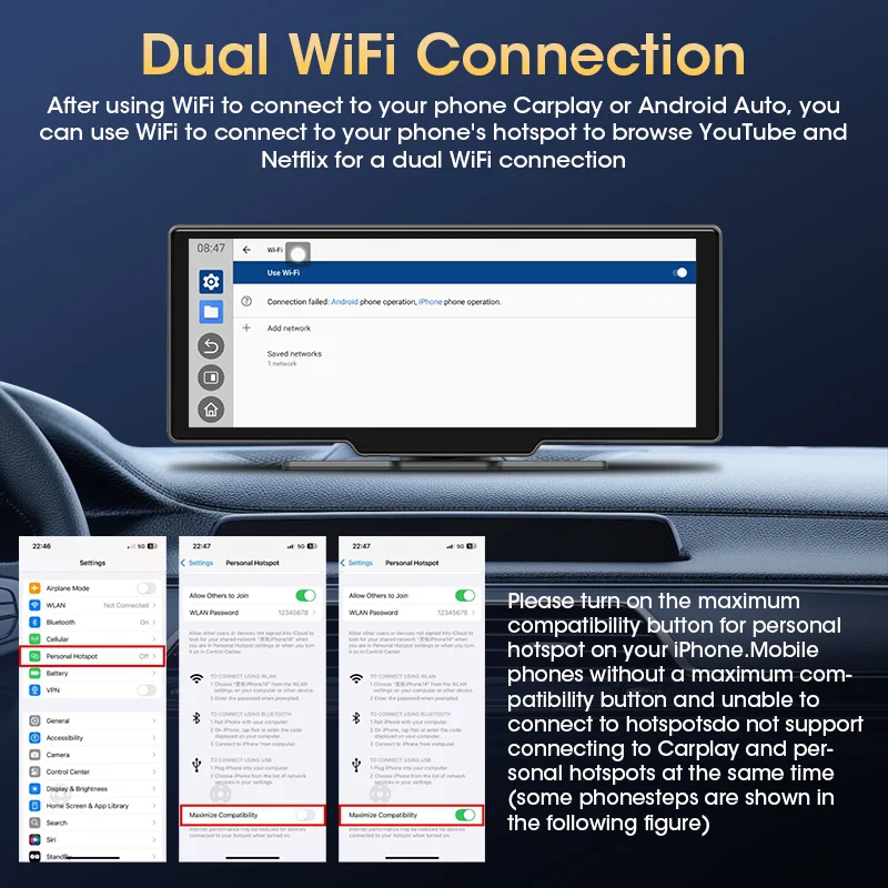 JMCQ Universal 10,26 "Android WIFI reproductor Multimedia para coche Bluetooth inalámbrico Carplay pantalla de Monitor automático para YouTube para Netflix 6
