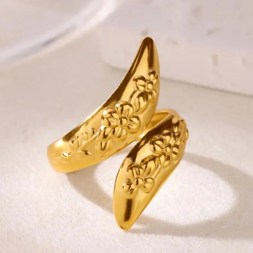Fashion Geometric Flower Pattern Open Rings Women Gold Color Stainless Steel