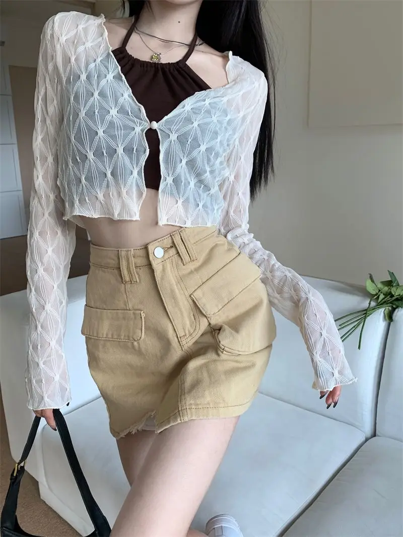 Summer Thin Sun-proof Cardigans Women Crochet Midriff-baring Tops Short Leisure All-match Y2k Korean Style Daily Slim Fashion