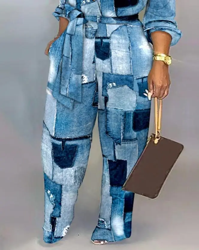 2024 New Women's Jumpsuit Denim Look Print Polo Collar Long Sleeve Belted Jumpsuit Daily Work High Waisted Long Jumpsuit