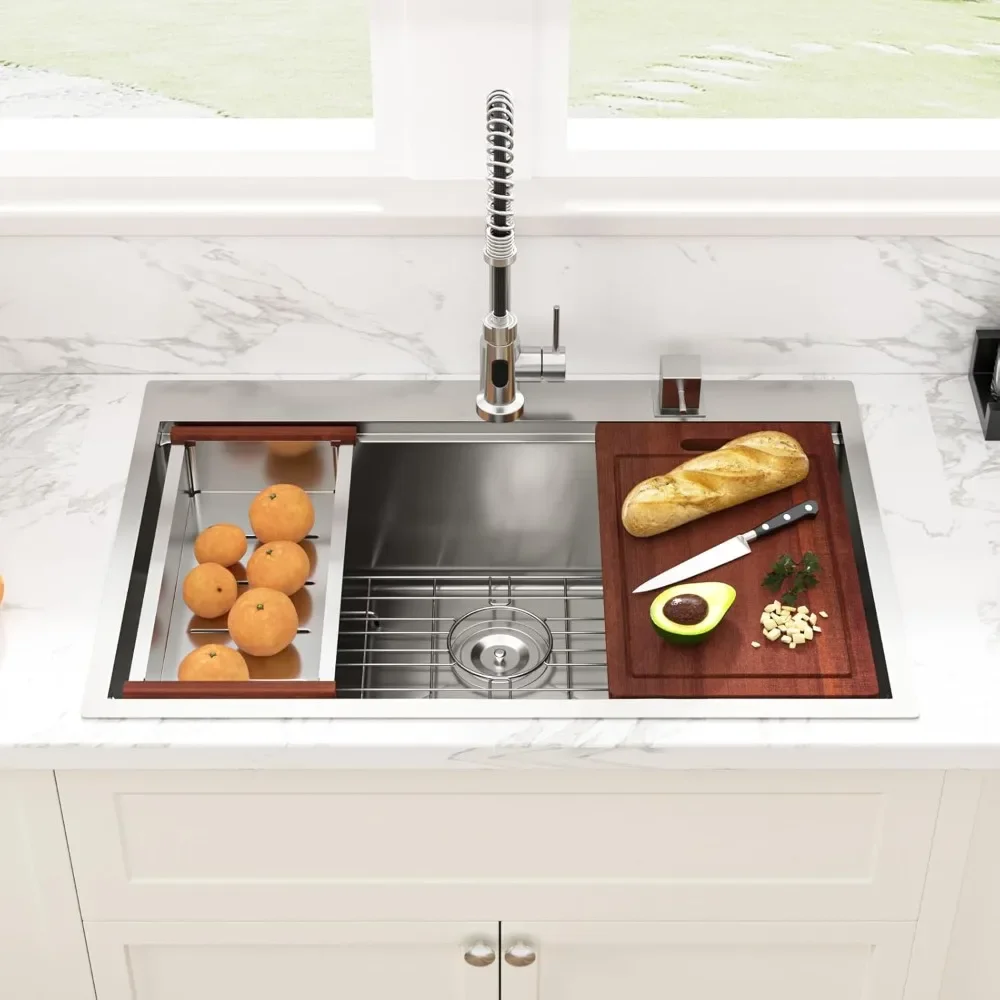 NEW-Drop In Kitchen Sink - 33x22 Drop In Kitchen Sink Ledge Workstation 16 Gauge Stainless Steel Topmount Deep Single Bowl Over