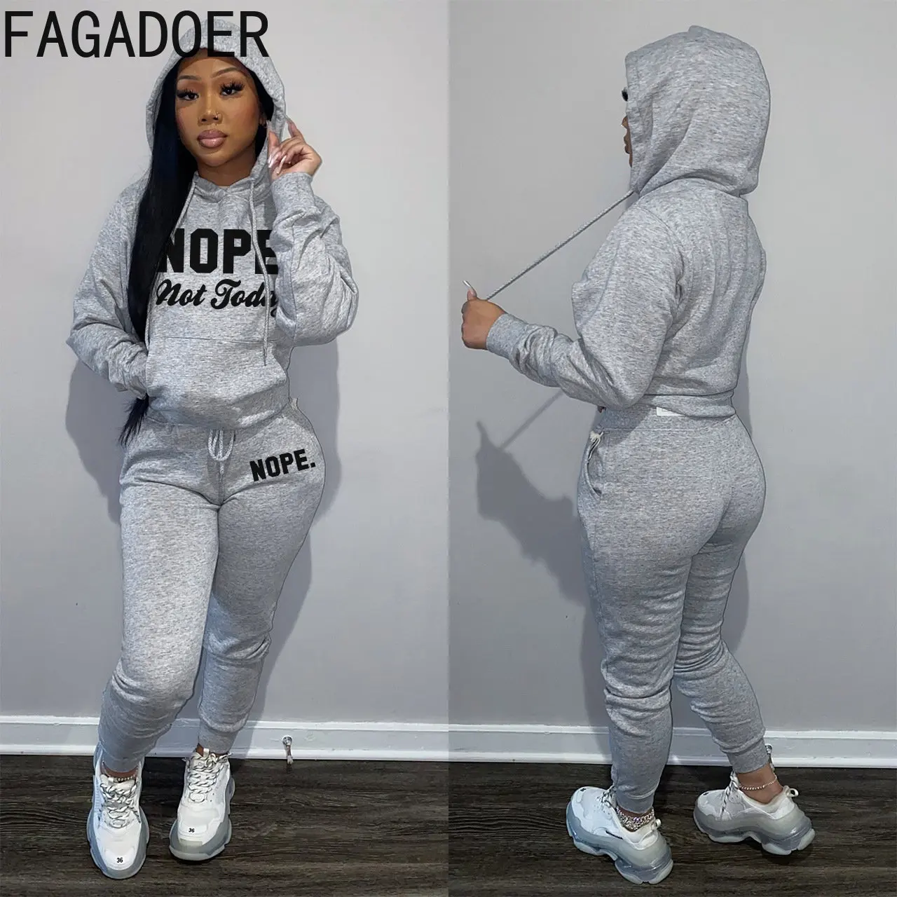 FAGADOER Fall Winter Hooded Two Piece Sets Outfits Fashion Women Letter Print Long Sleeve Sweatshirt And Jogger Pants Tracksuits