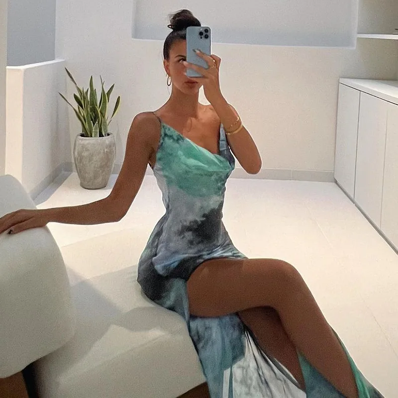 

Women's New Tie-dye Print Dress Summer Resort Style Chiffon Dress Sexy See-through Backless Suspenders Mid-length Dress Female