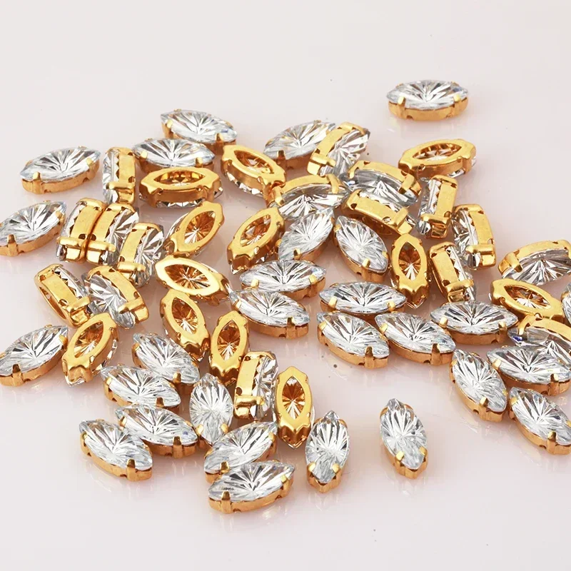 PEESOM Recién llegado, diamantes de imitación de ojo de caballo de color láser para coser, garra de latón dorado, formas de piedra de navette para costura de bricolaje
