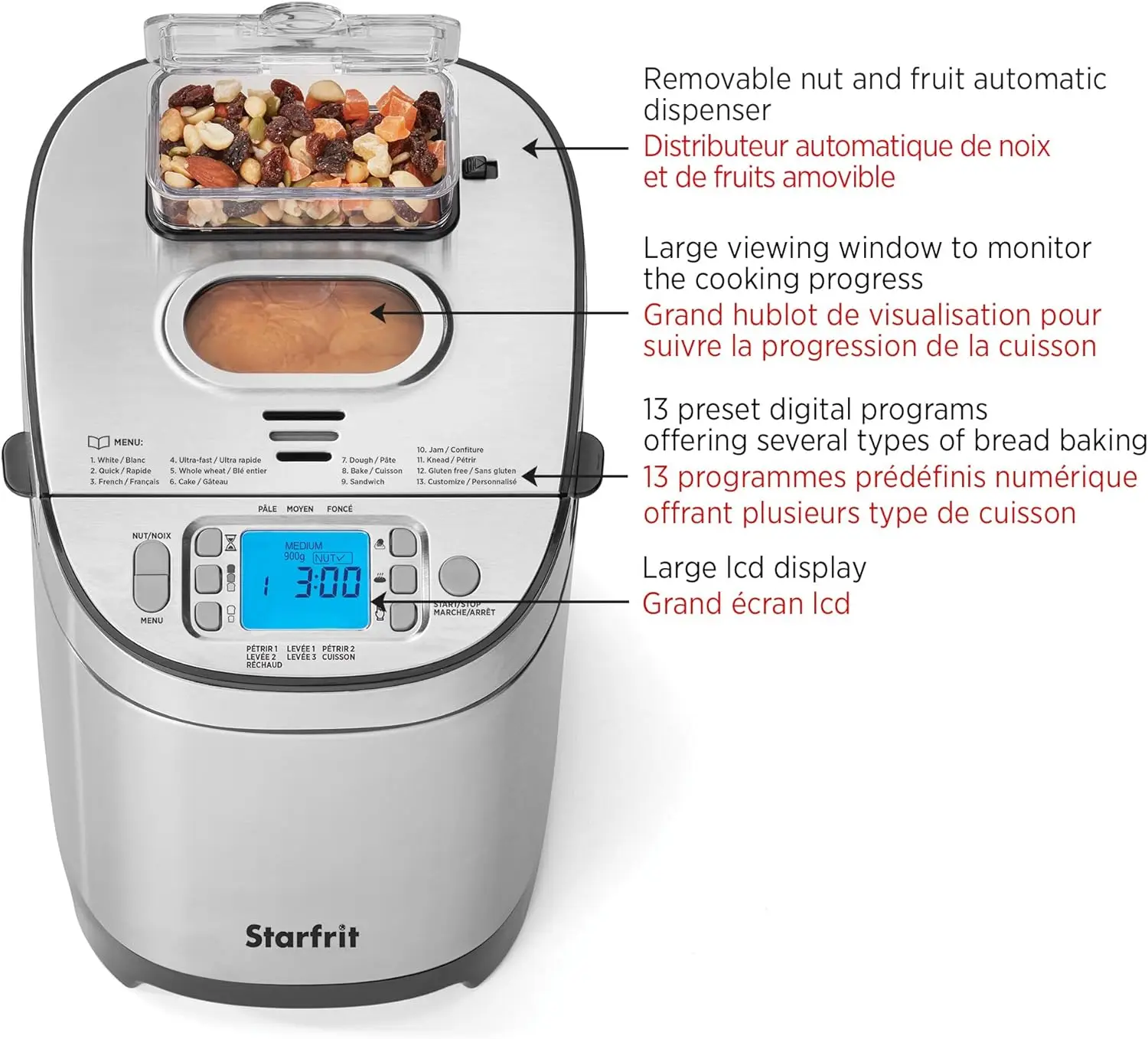 Electric Bread Maker - 2lb Loafs  Non Stick Removable Pan  Automatic Nut Dispenser 13 Preset Programs - 550W 2
