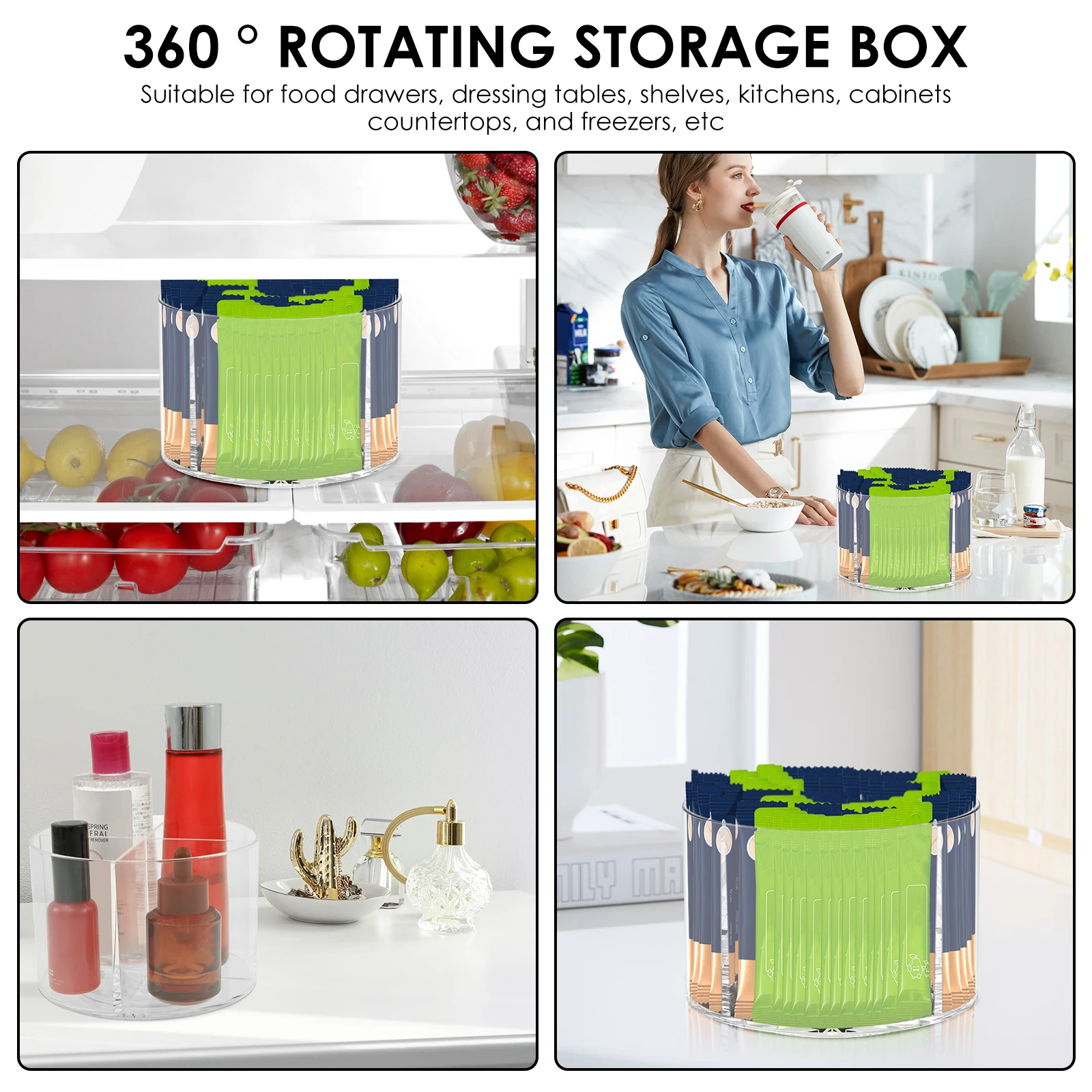 Rotating Tray Spice Rack Drinks Packet Organizer Clear Flavor Packet Holder Kitchen Organizer Seasoning Cosmetic Storage Box