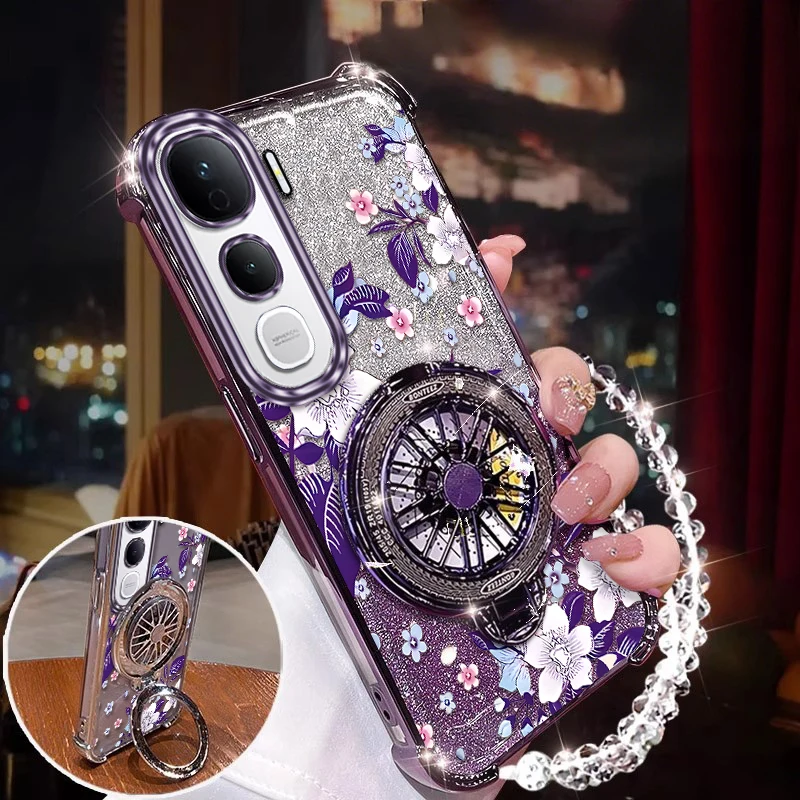 Purple Flowers Plating Phone Case with Bracket and Lanyard