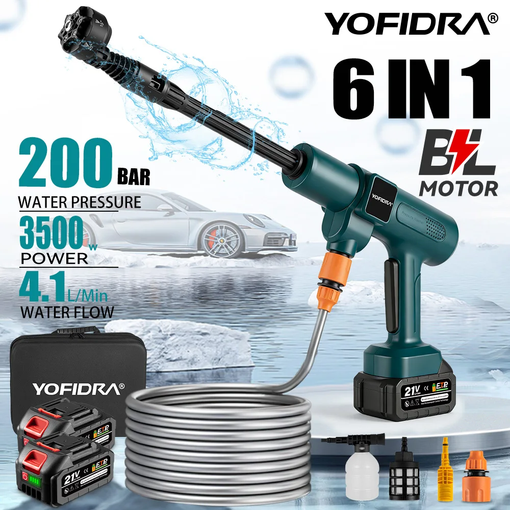 YOFIDRA 200Bar Brushless High Pressure Washer Water Gun Car + Bucket Wash Garden Cleaner Spray Gun For Makita 21V Battery Pin