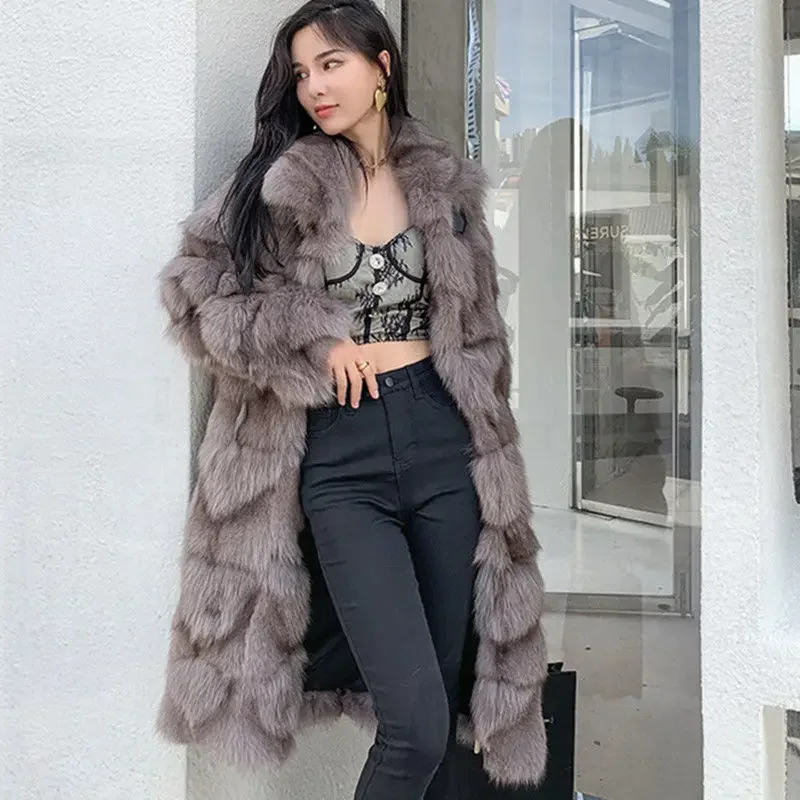 Winter Vintage Thick Warm Long Faux Fur Coat Women Fluffy Jacket Fur Fox Coat Korean Cardigan Loose Casual Outerwear Warm Tops