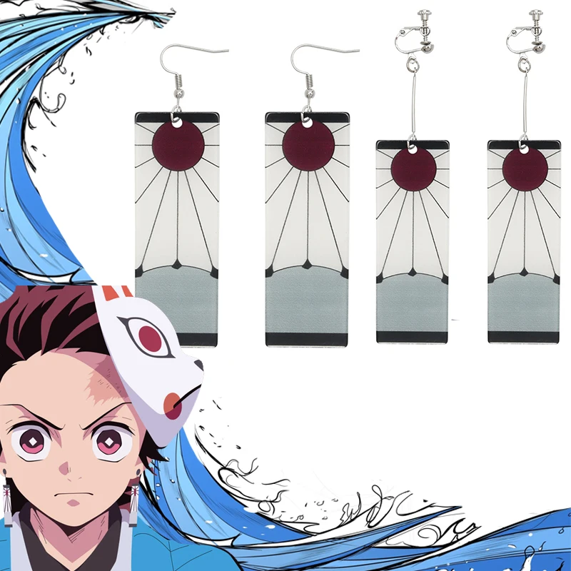 Anime Ear Clips Fashion Acrylic Tanjiro Earrings Demon Slayer Anime Cosplay Props Hanafuda Drop Long For Women Girls Jewelry