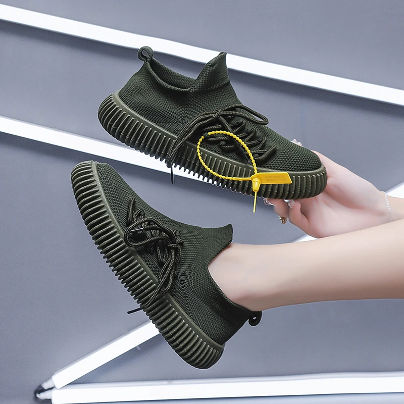 Hollow Canvas Large Size Shoes Women Spring and Autumn New Flat Breathable Fashion Mesh Socks Shoes Flying Weaving Women's Shoes