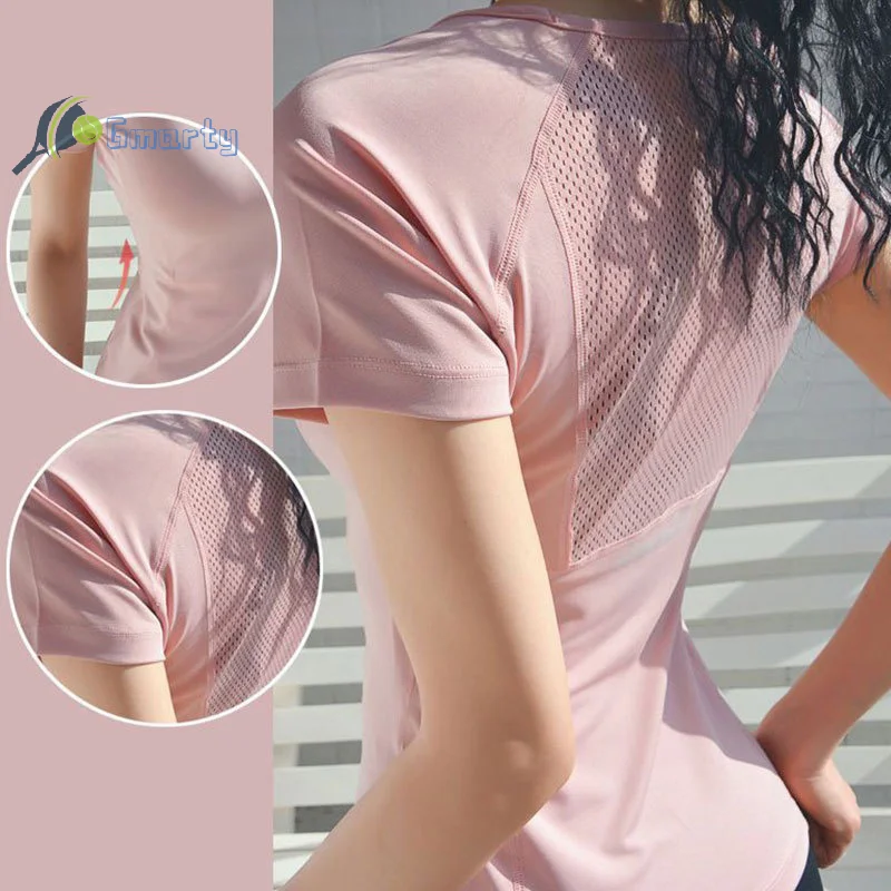 여성용 스포츠 티셔츠, 퀵 드라이 러닝 트레이닝, 요가 상의, 반팔, 그물, 레드, 섹시한 등, 피트니스 의류, 여름