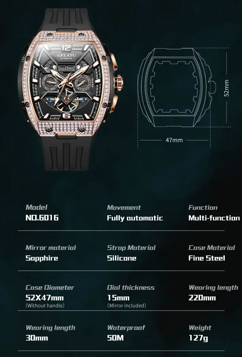 GELATU 6016 Men's Watch Diamond Hollow Man Mechanical Wristwatch Luxury Auto Date Deep Waterproof Watch For Men Silicone Strap