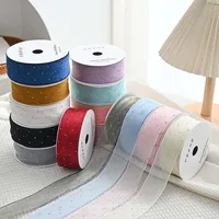 20Yards 4CM Silver Dots Wrinkled Yarn Ribbon Packaging Tape Flower Tied Gift Box Wrap Bow DIY Wedding Christmas Party Decoration