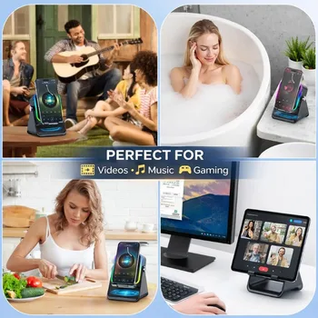 Magnetic Induction Speaker Phone Stand Wireless Bluetooth Phone Holder Amplifier Portable Desk Speaker RGB Light 5000mAh Battery 5