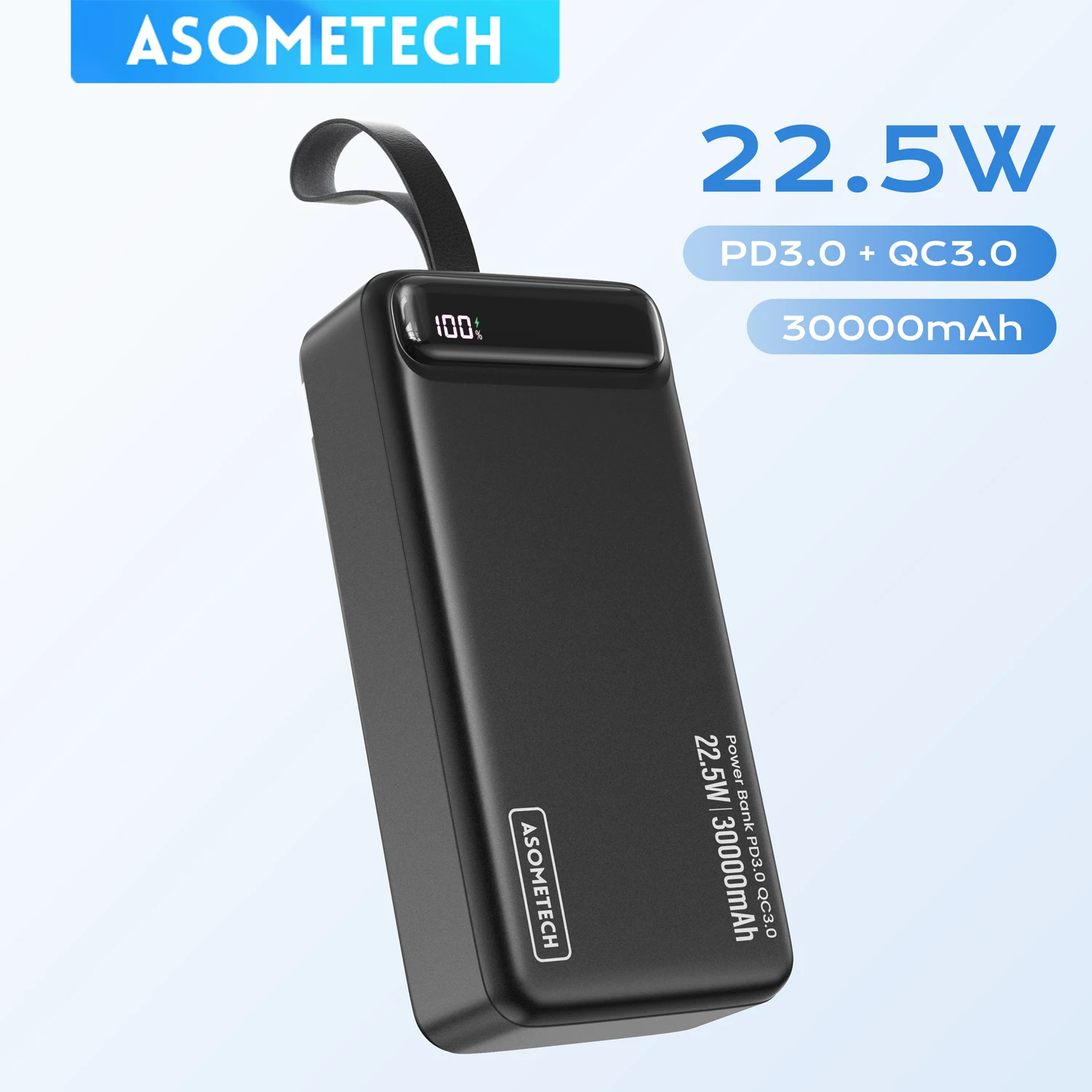 ASOMETECH Power Bank 30000mAh Portable 22.5W PD Mobile Phone Fast Charging External Battery Powerbank for IPhone 16 15 Pro Xiaomi Samsung