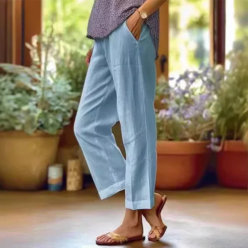 Summer Women's Casual Straight Pants Fashion Solid Color Pocket Elastic Waist Casual Pants Office Business Professional Pants