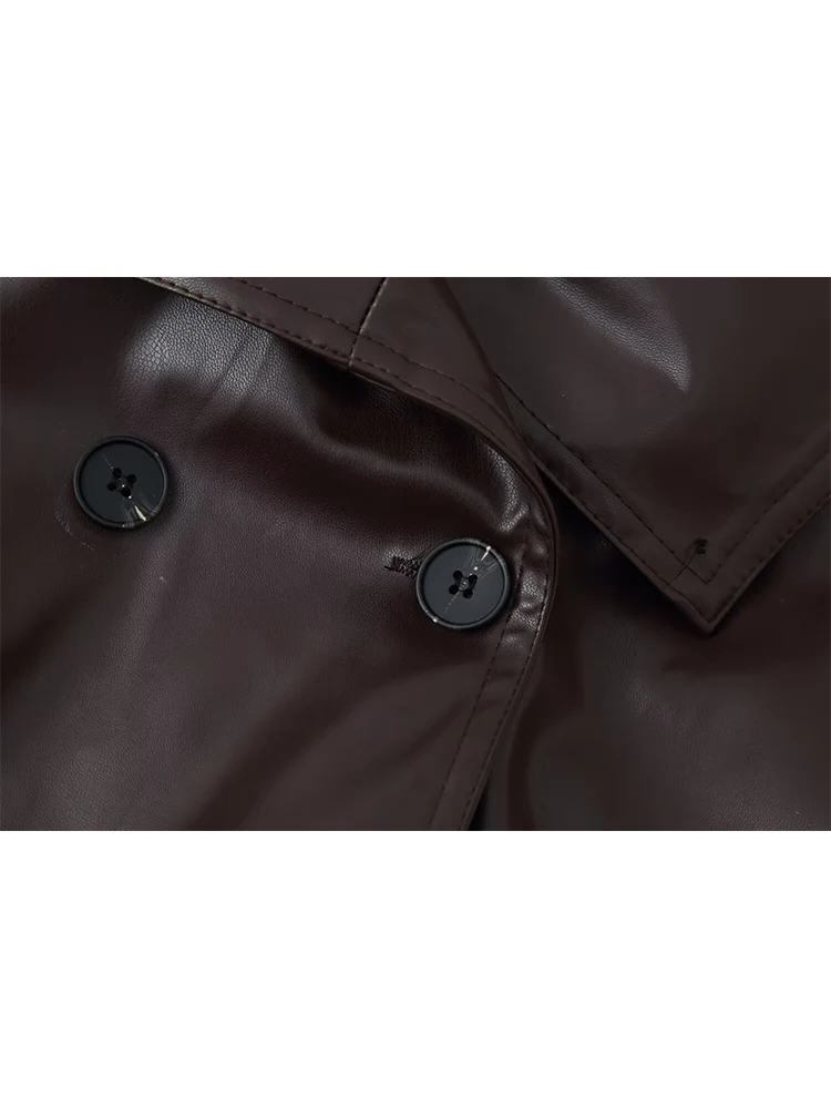 Women PU Leather Short Jacket Coats Lapel Double Breasted Faux Leather Belt Coat High Street Fashion Loose Outwear Women