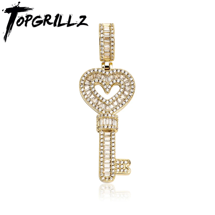 TOPGRILLZ New Baguette Zircon Key Pendant Necklace with Tennis Chain Iced Micro pave CZ Gold Plated Hip Hop Fashion Jewelry