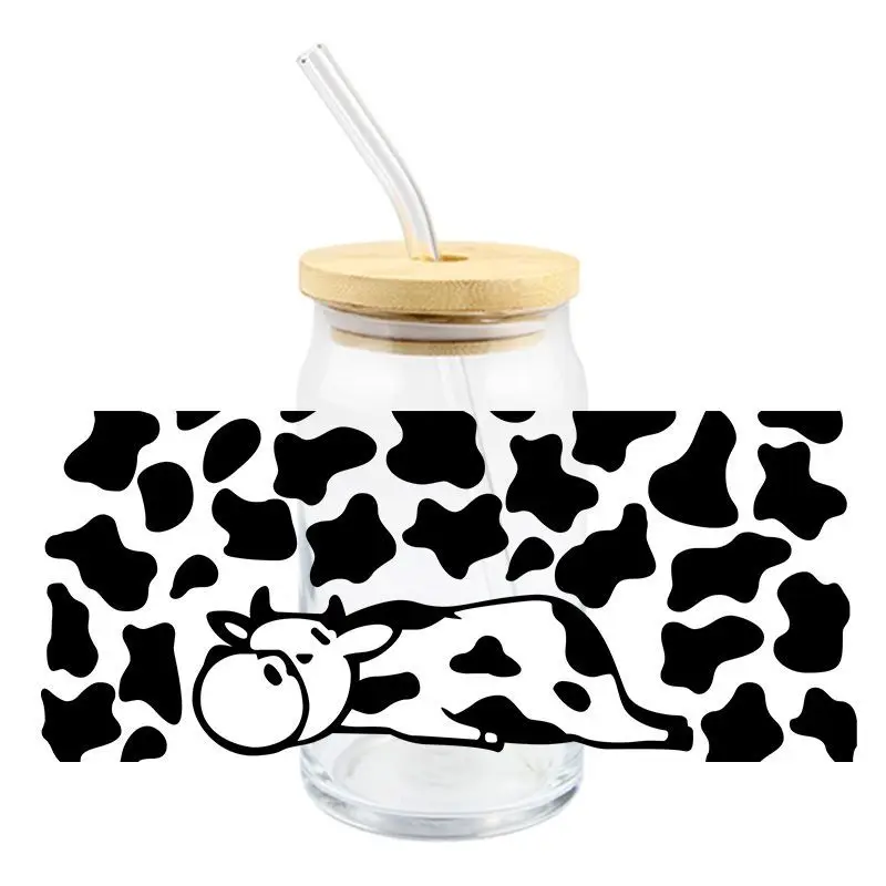 3D Stickers 3D Wall Stickers UV DTF Wrap Transfer Cute Cow UV DTF Wrap Transfer Stickers Black Spots Design DIY Wrap For Glasses Cups Bottles Waterproof Decal