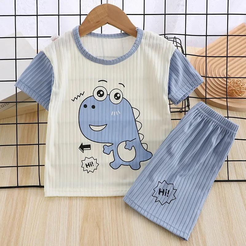 2024 Kids Boys Girls Summer Breathable Pajamas Cartoon Dinosaur Short Sleeve T-Shirt Tops with Shorts Toddler Baby Clothing Sets