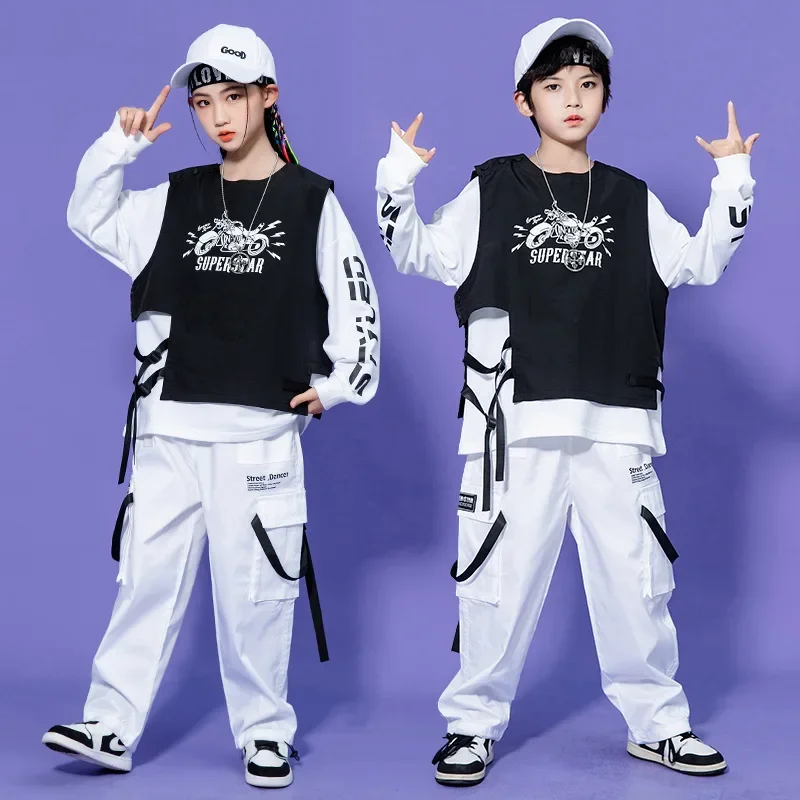 

New Girls Street Dance Clothes Black Vest White Sweatshirt Cargo Pants Children Hip Hop Costumes Kids Street Wear Outfits 3-16Y