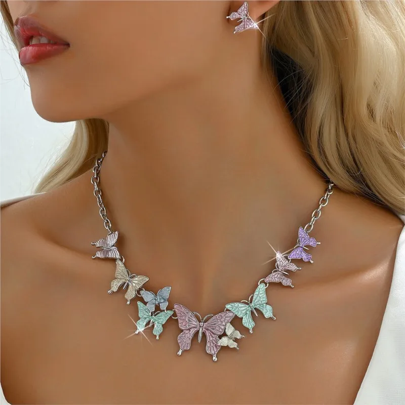 3pcs/set Colorful Butterfly Necklace and Earrings Sets for women Y2K Summer Vacation Jewelry Sets Party Jewelry Accessories