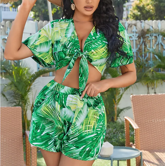 

Women 2024 Summer Printed Sexy Shirt and Shorts Casual Two-piece Set Beach Vacation Cardigan Shorts Suit for Women Clothing