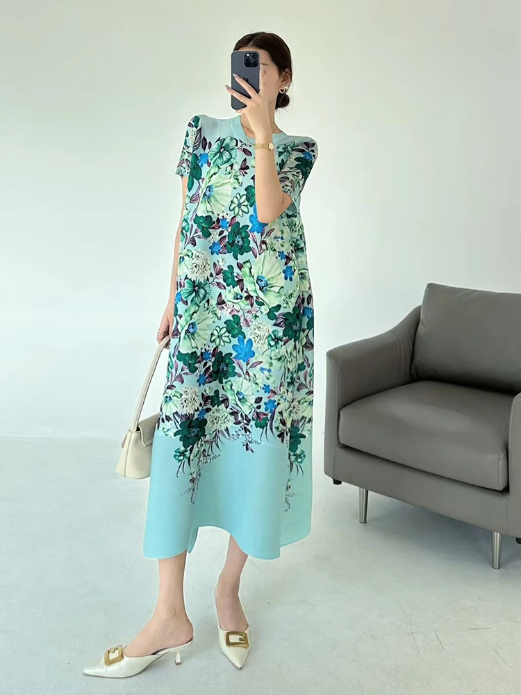 LANMREM Vacation Style Printting Short Sleeve Women's Dress 2025 New Summer Loose Elastic Round Collar Pleated Dresses 2DB3436 - Image 2