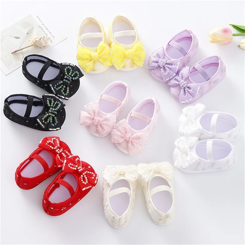 Baby Girls Mary Jane Flats Beaded Bow Princess Shoes Dress Walking Shoes and Headband for Newborn Infant Toddler