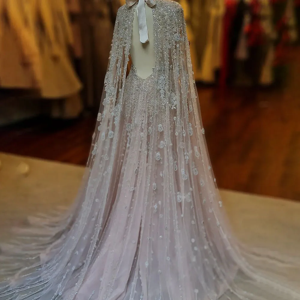 Serene Hill Dubai Arabic Luxury Nude A Line Beaded Evening Dresses With Cape Sleeves Gowns For Women  Wedding Party 2023 LA71803