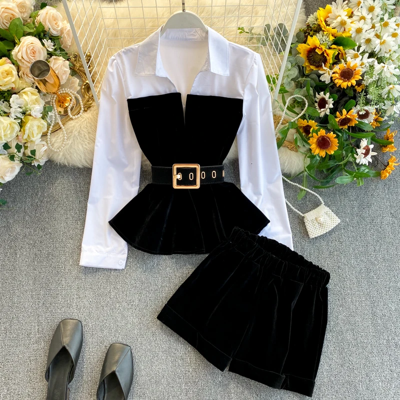 Creatingtime 2022 New Spring Autumn Black White Color Matching V-neck Ruffled Shirt And Wide-leg Shorts Two-piece Suit GA073 matching workout sets Women's Sets