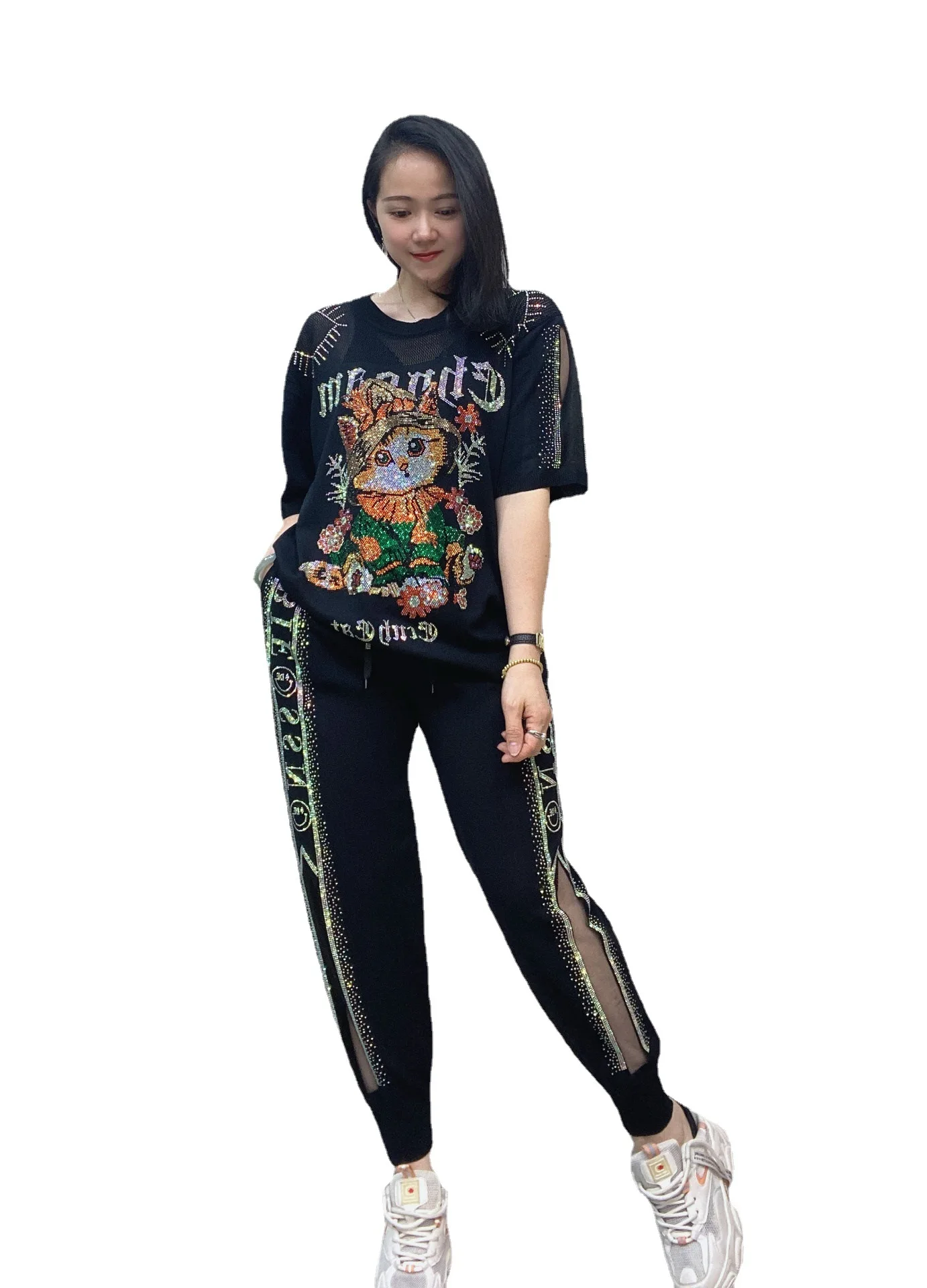 2PCS Knitted Matching Set Hollow Out Women Cartoon Shiny Rhinestones Tracksuit Summer Casual Loose Sports Sweater Kit Clothes