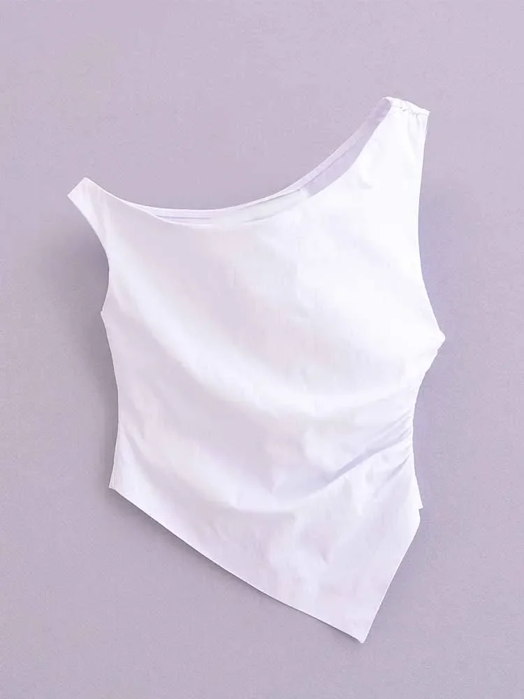 

Women's New Fashion Pleated decoration Short Slim Fit Asymmetric Off Shoulder Top Retro Sleeveless Women's Tank Top Chic Top