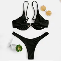 Sexy Underwire Bikini 2024 Mujer Women Solid Red Push Up Bra Thong Swimsuit Halter V Neck Bathing Suit Mini Micro Thong Swimwear - Image 5