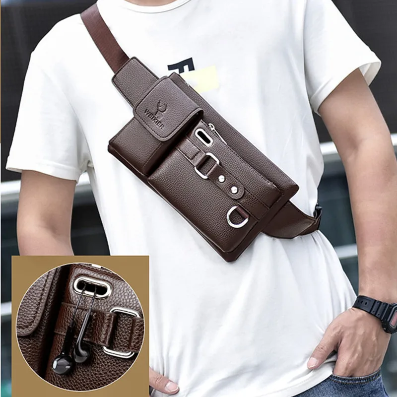 

Trendy Fashion Men's Genuine Leather Chest Bag Multifunctional Outdoor Messenger Bag Waterproof Waist Bag Mobile Phone Bag