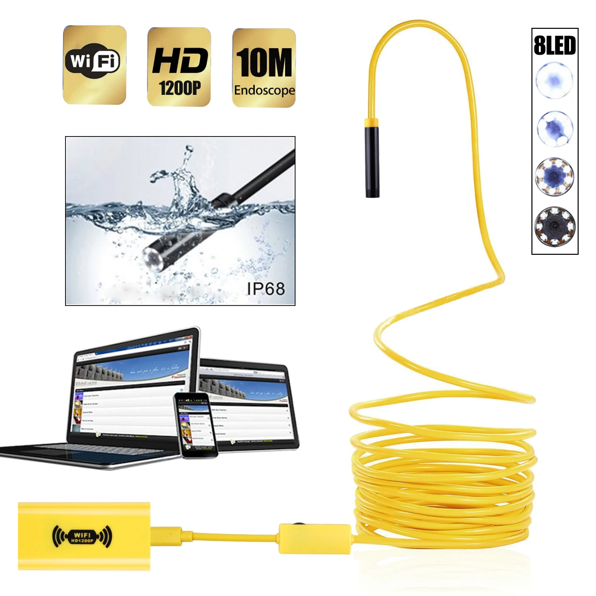8mm HD WiFi Endoscope Camera HD1200P IP67 Waterproof USB Inspection ...