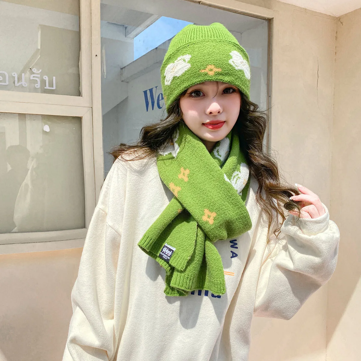 

Cap Gentle Style Pile cap green Hat Scarf Set Winter Hat Wool Ski Hat Knitted Minimalist solid color Winter Knitted Hat Warm Hat