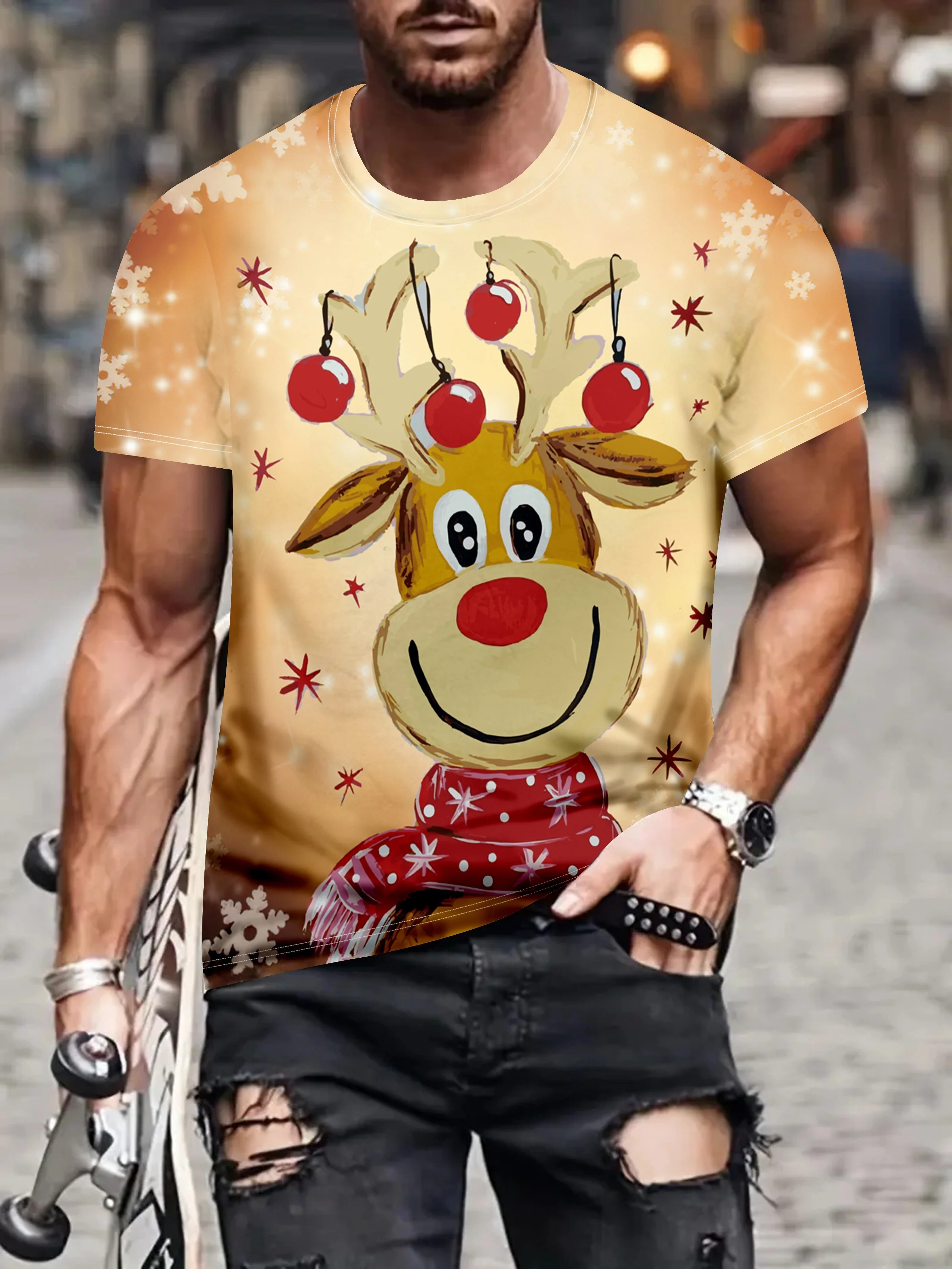 

2023 New Christmas Elk Pattern T-shirt, Summer Men's Casual Street Style Elastic Round Neck T-shirt