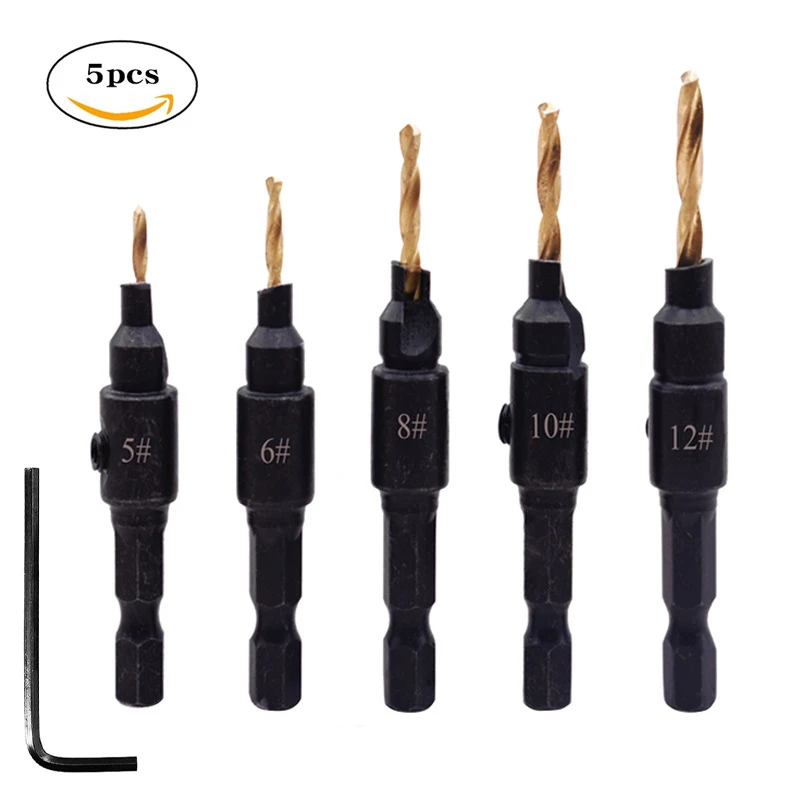 5PCS Hexagonal Handle Woodworking Electric Drill Hole Drilling Chamfering Integrated Tapper Suit High-speed Steel Twists Drill